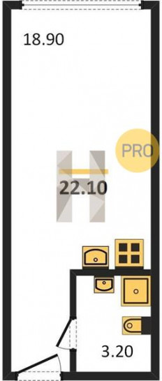 Студия 22.1 м²